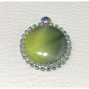 VTG Givre Art Glass AB Rhinestone Brooch Prong Set Green Yellow 2 Inches Silver